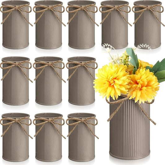 Rustic Vase for Table Centerpieces 4.33 Inch Small Petite Flower Vase with Twine Bow Vintage Farmhouse Decor for Wedding Reception Dining, Home Galvanized Metal Buckets(Brown,12 Pcs)