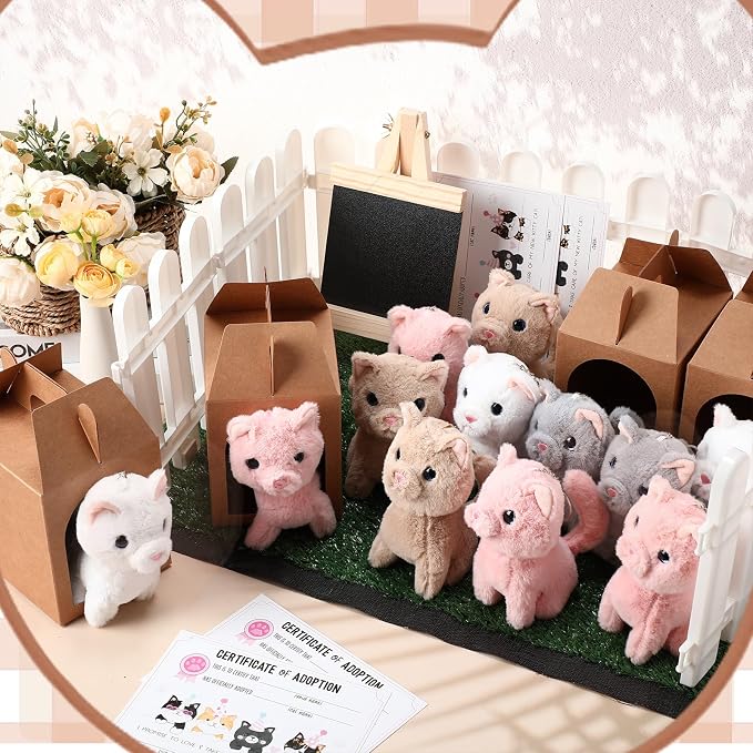 Blueweenly 84 Pcs Adopt a Pet Party Supplies 24 Mini Animals 10 White Plastic Fence 24 Paper Gift Boxes 24 Adoption Cards with Mini Chalkboard and Artificial Lawn(Cat)