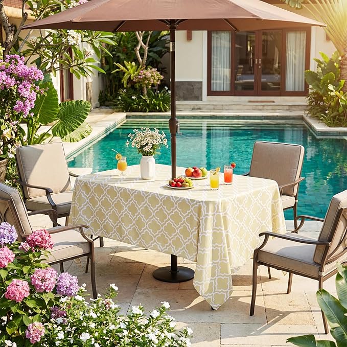 Poise3EHome Outdoor Tablecloth Rectangle with Umbrella Hole Waterproof Spillproof for Patio Table Picnic Camping Spring Summer, Khaki (60X104 Zipper)