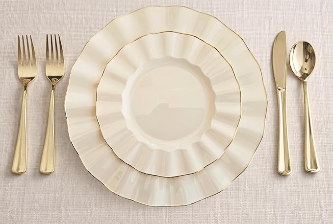 " OCCASIONS " 60 Plates Pack (30 Guests)-Heavyweight Wedding Party Disposable Plastic Plate Set -30 x 10.25'' Dinner + 30 x 7.5'' Salad/dessert plates (Bloom Ivory & Gold)