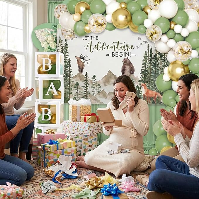 140PCS Let The Adventure Begin Baby Shower Decorations, Woodland Mountain Baby Shower Supplies, Sage Green Balloon Garland Kit, BABY Boxes, Backdrop Banner