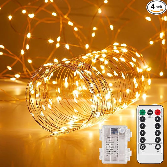 Ariceleo 4 Pack 65.6 Ft. Battery Operated Outdoor String Lights with Remote & Timer, LED Warm White Fairy Lights, Waterproof Twinkle Lights for Bedroom, Dorm, Mason Jar, Wedding, Party, Christmas