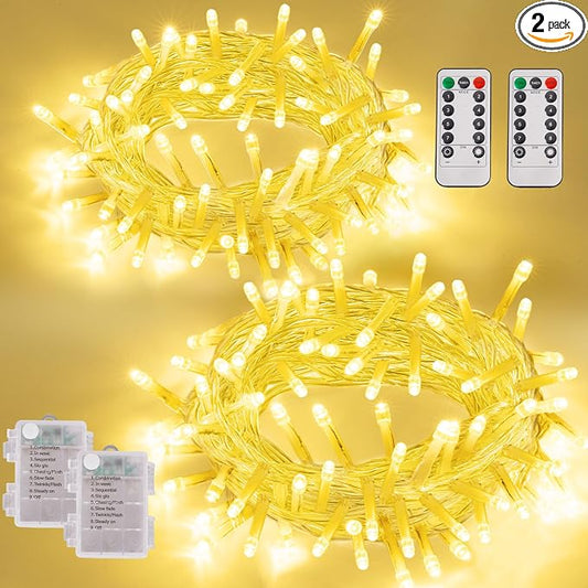 YEGUO Battery Operated String Lights Indoor, 2 Pack Each 33ft 100 LED Twinkle Fairy Lights for Bedroom Classroom Dorm with Remote, 8 Modes Clear Wire Warm White Christmas Lights Outdoor Waterproof