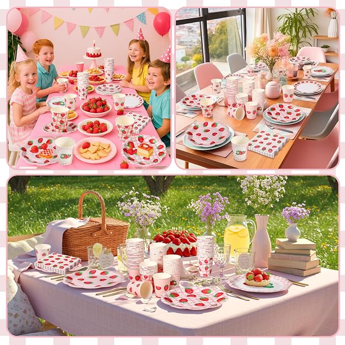 Yungyan 216 Pcs 72 Guests Strawberry Plates and Napkins Berry First Birthday Decorations 6" Gingham Strawberry Dessert Plates 9 oz Cups Tableware Set for Baby Shower Picnic Birthday Party Supplies