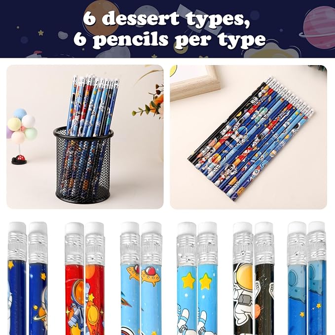 172 Pcs Outer Space Theme Stationery Set Astronaut spaceship rocket 36pencils 36erasers 100Stickers for Space Birthday Party Classroom School Reward Gift Prizes Goodie Bags Stuffers Office (space)