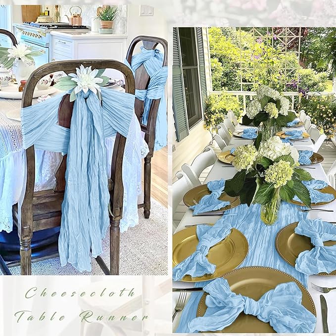 25 Pack Baby Blue Cheesecloth Table Runner 17 x 108 Inch Gauze Table Runner Fabric Semi Sheer Cheese Cloth Table Decor Bulk for Rustic Romantic Wedding Baby Shower Table Decoration