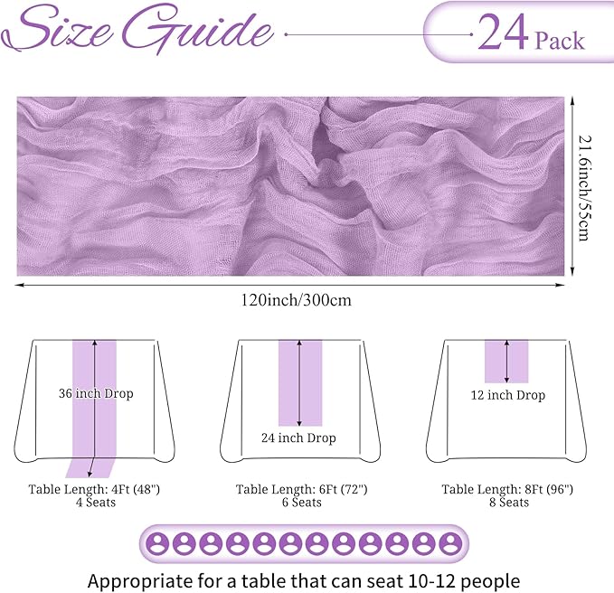 24 Pack Lavender Cheesecloth Table Runner 10FT Lilac Purple Boho Gauze Cheese Cloth Table Runner Rustic Sheer Fabric Table Runners for Wedding Bridal Shower Baby Shower Party(21.5×120 Inch)