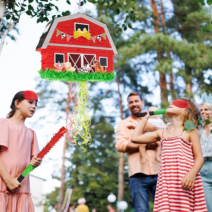 WERNNSAI Red Farm Animal Piñata - Farm Baby Shower Decorations Animal Piñata Party Game for Kids Birthday Celebrations Milk Farm Party Favor Supply with Bat Blindfold