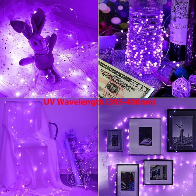 OMIKA Battery Operated LED UV Black Lights, 16.5ft 50 Units 2835 LED UV Lamp Beads 8 Modes Flexible Blacklight Fairy String Lights with Remote for Fluorescent Party Stage Body Paint Halloween Decor