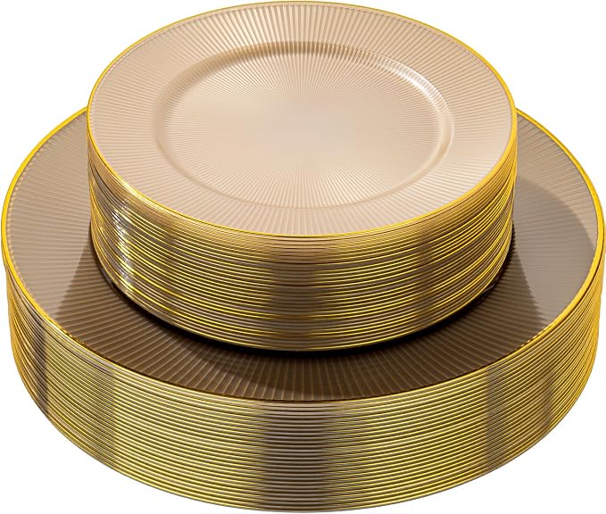 Hioasis 60pcs Brown and Gold Plastic Plates - Brown Disposable Dinnerware Set, 30pcs Dinner 10in & 30pcs Dessert 7in Plates with Striped Designs for Party & Wedding