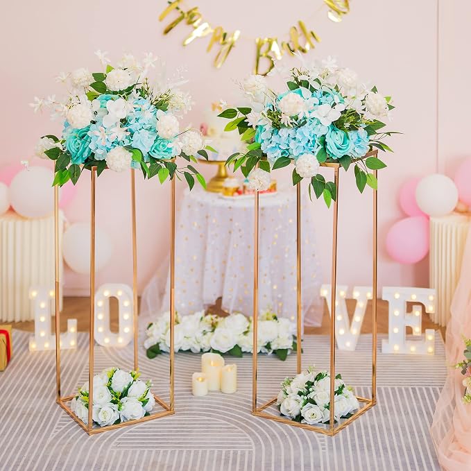 Gold Metal Cube Vase Stand for Wedding Centerpieces, 31.5in Tall, 10 Pcs | Columnar Cube Shape, Easy to Assembly, Flowers Cakes Drinks Display Table Centerpieces for Wedding Party Event