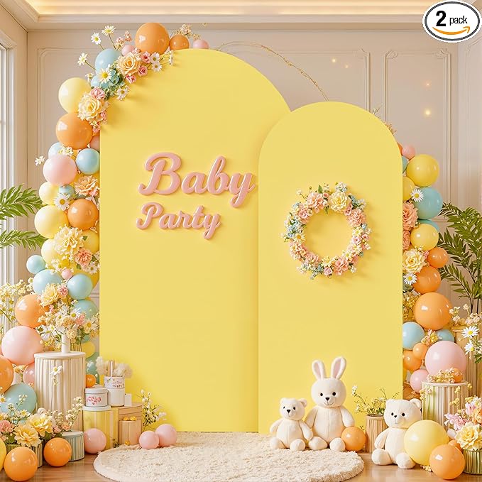 Yellow Arch Cover Set of 2-7.2 and 6FT Yellow Arch Backdrop Cover Spandex Fitted Birthday Party Arch Stand Covers Stretchy Backdrop for Baby Shower Bridal Shower Ceremony Wedding Photo Background
