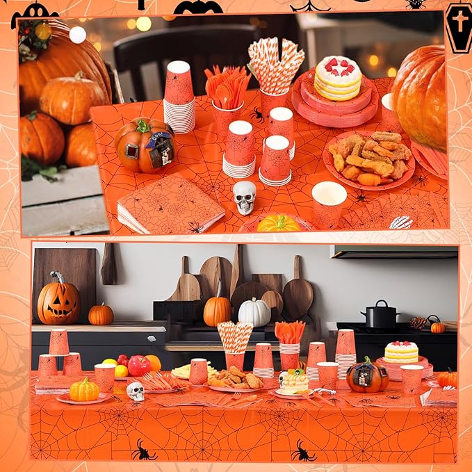 Funnymoom 452 Pcs Halloween Spiderweb Supplies Tableware for 50 Guests, Orange Spider Web Paper Plates Napkins Cups Tablecloth Cutlery Straws for Spiderweb Halloween Birthday Party Decoration