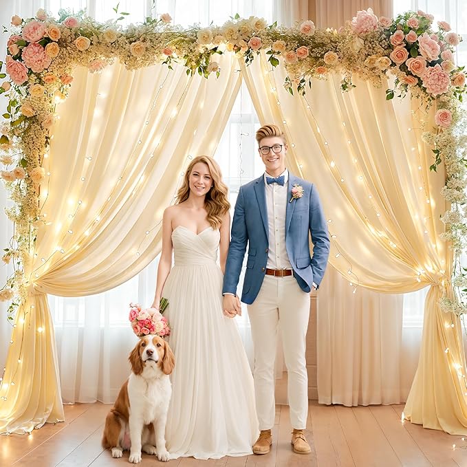 10x10ft Champagne Backdrop Curtains with Lights Photo Drapes Wrinkle Free Fabric Backdrop Curtain for Wedding Birthday Party Baby Shower Shoot Bridal Shower Home Party Background Decorations