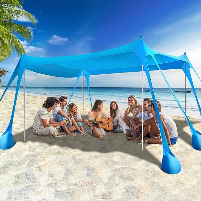 Rhino Valley Beach Tent, 10 x 13 FT Beach Shade UPF50+ Protection, Beach Canopy with 8 Sandbags 4 Stability Poles,Outdoor Beach Tent Sun Shelter Umbrella for Sand,Camping,Fishing Essentials, Sky Blue
