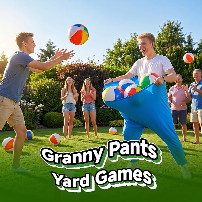 Granny Pants Party Game Set for 8+ Players, 4-Color Team Backyard Yard Games with 16 Bouncy Balls & 2 Pumps – Funny Outdoor Field Day Tossing Games for Adults Kids Family Reunion BBQ Brithday Party