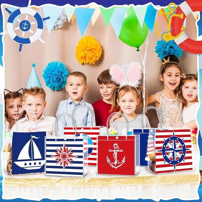 Teenyyou 24 Pcs Nautical Clear Gift Bags with Handles Cruise Party Favors PVC Goodie Treat Candy Tote Plastic Gift Bags for Sailing Theme Birthday Party Supplies