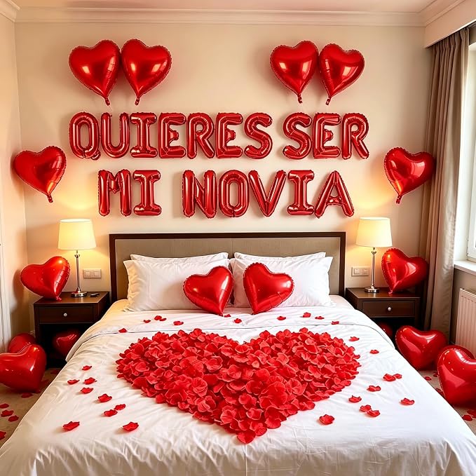 2 Set Red QUIERES SER MI NOVIA Balloons - 1200pcs Red Artificial Rose Petals 34pcs 16" Letter Balloon 10pcs 18" Heart Balloons Alphabet Foil Mylar Balloon for Valentines Day Decorations