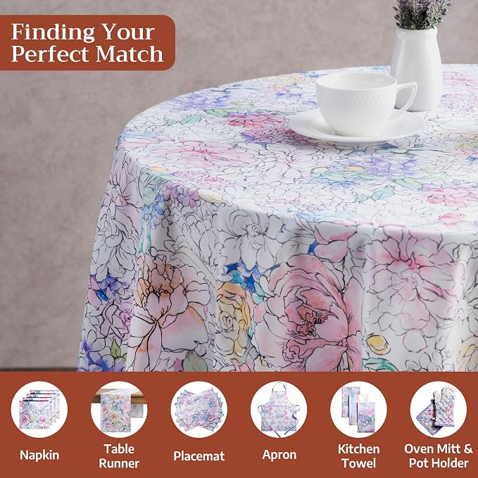 Maison d' Hermine Table Cloth Round Table 100% Cotton 69 Round Inches Tablecloth Reusable Decorative for Dining Kitchen Room Farmhouse Party Home Hotel Restaurant Spring Summer - Floral Love