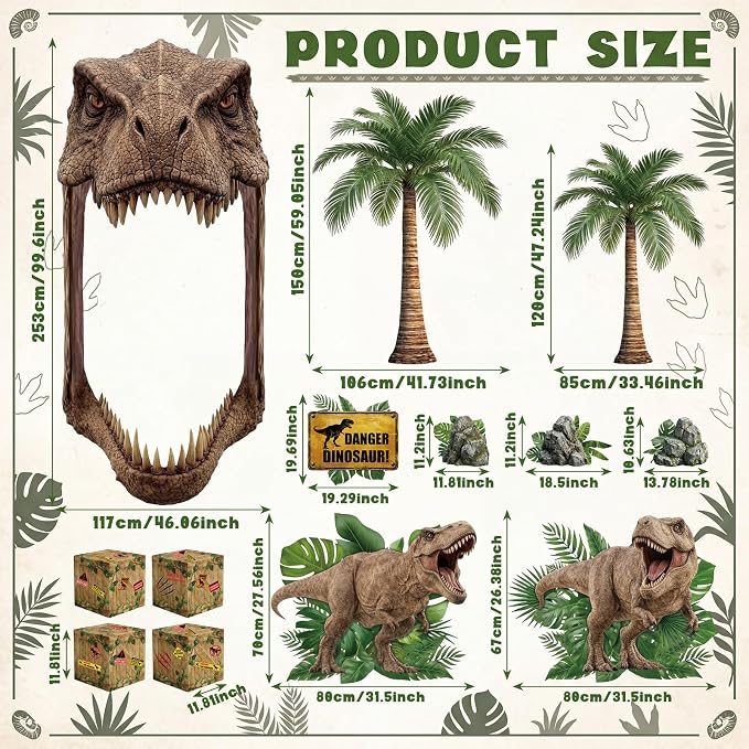 Colingmill 13 Pcs Dinosaur Birthday Decoration Jurassic Themed Party Supply with T-rex Large Door Banner Backdrop, Palm Trees, Dinosaur Cutouts Boxes and Warning Sign for Jungle Safari Birthday Decor