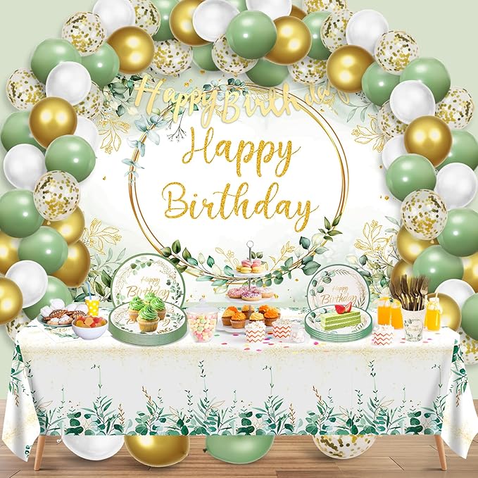 Sage Green Birthday Decorations 118PCS Olive Green Happy Birthday Banner Backdrop Balloons Garland Arch Kit Tablecloth Greenery Gold Plates and Napkins Party Supplies for Women Girls Baby Shower Decor