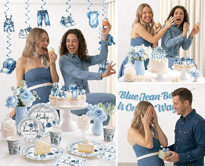 Xynic 213pcs Blue Jean Baby Shower Decorations or Boy, Serves 25 People, Includes Pre-strung Banner, Heavy-duty 350gsm Paper Plates, Waterproof & Oil-proof Disposable Plastic Tablecloths