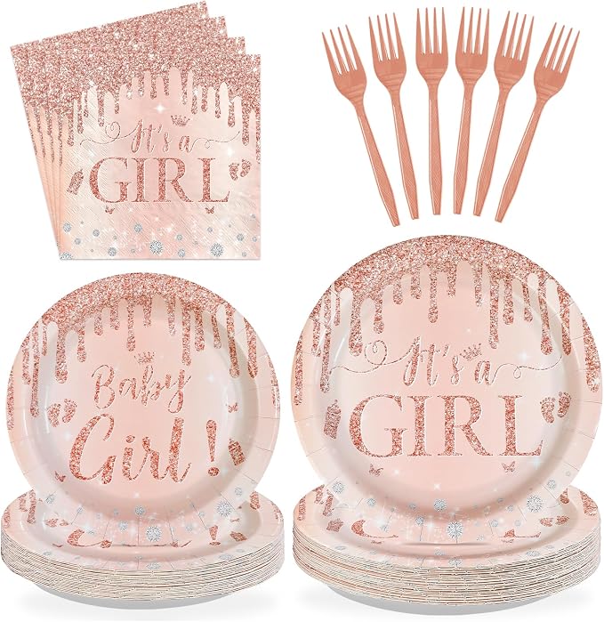 96Pcs It's a Girl Baby Shower Decorations Diamond Rose Gold Plates and Napkins Pink Girl Theme Disposable Paper Tableware Set for Girls Gender Reveal Baby Shower Birthday Party Supplies Serves 24