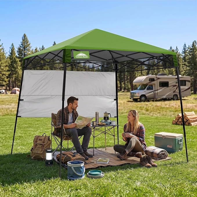 EAGLE PEAK 8x8 Pop Up Canopy Tent with Sidewall, Compact, Portable Slant Leg Instant Sun Shelter for Beach, Sports, & Camping, 8x8 Base 6x6 Top, Grass Green