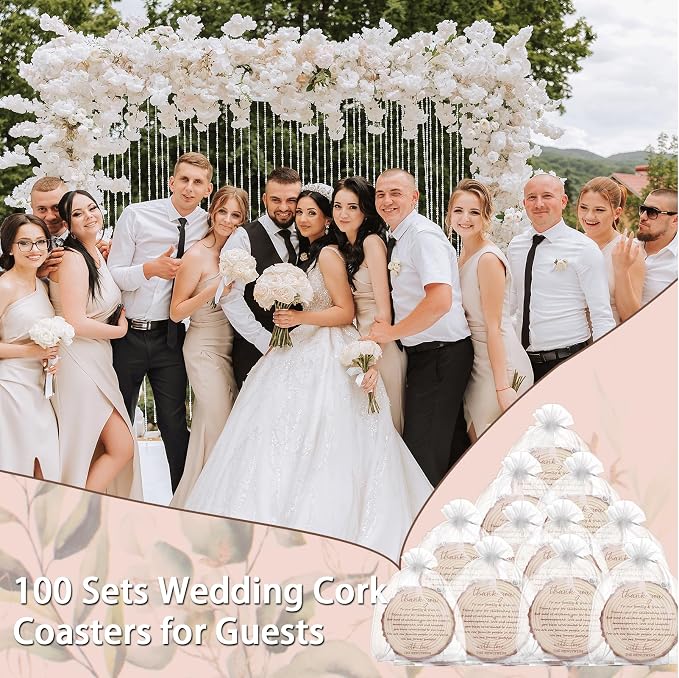 100 Sets Wedding Favors for Guests Cork Coasters Bulk Thank You Cards Organza Bags Wood Coaster Rustic Wedding Gift Bridal Shower Party Favors