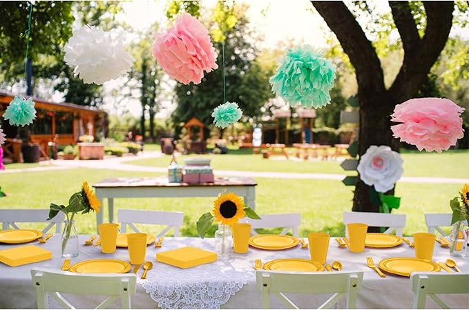 350 Pcs Yellow Plastic Plates For Party, Yellow Disposable Plates Set, 50 Of Each 9" Dinner Plate Set, 7" Dessert Plate, Cups, Napkins & Cutlery Plastic Dinnerware Set Exquisite
