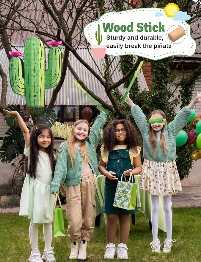 Cactus Piñata for Cinco de Mayo, Mexican Party Decorations, and Fiesta – Fun Hanging Piñata with Blindfold, Stick & Confetti, Perfect for Birthday & Fiesta Celebrations (16"x12"x3")