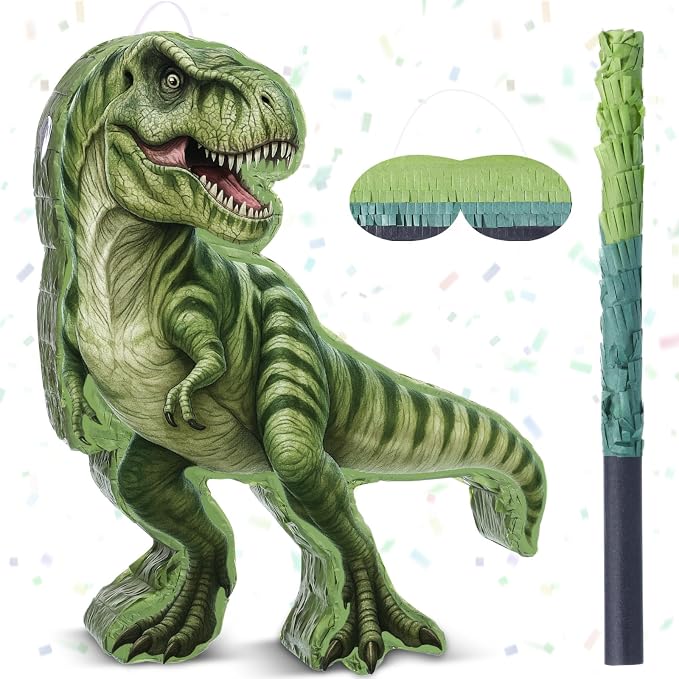 Dinosaur Piñata Set Dino Themed Piñata with Stick and Blindfold Girls Dinosaur Birthday Party for Animal Theme Party Decoration Baby Shower Game Supplies (Green Dino)