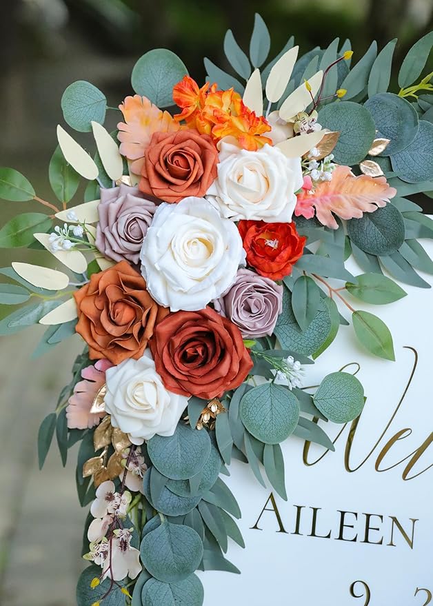 Burnt Orange Wedding Arch Flowers, Artificial Flowers for Wedding Welcome Signs and Autumn Weddings Reception Ceremony Decoration, Fall Flowers Decor (Set of 2)