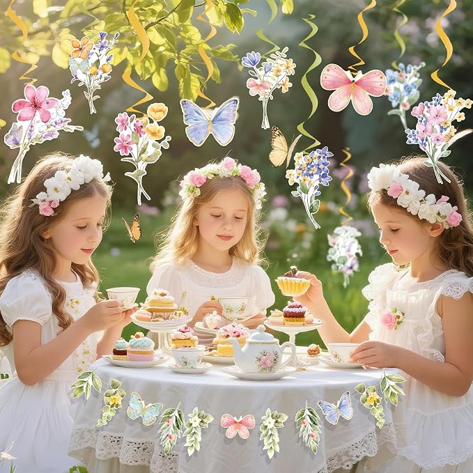 SUNBEAUTY Wildflowers Butterfly Birthday Decorations Garden Flower Happy Birthday Banner with Floral Hanging Swirls Wildflower Party Decorations for Women Girls Baby Shower Wedding Tea Party