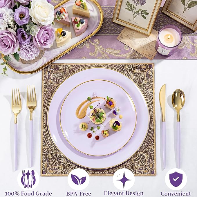 DaYammi 150Pcs Purple Plastic Plates with Gold Rim,Disposable Plastic Plates Include 30 Dinner Plate,30 Salad Plate,30 Forks,30 Spoons,30 Knive,Purple Disposable Platos for Party Wedding Mother's Day