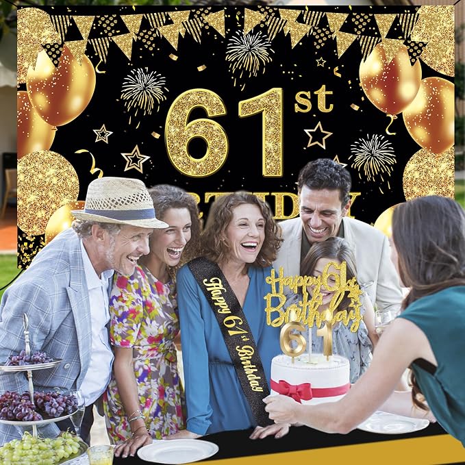61st Birthday Decorations Men Women with 61st Birthday Banner, Black and Gold Table Cloth, Number Balloons, Large Sash, Cake Topper and Candles