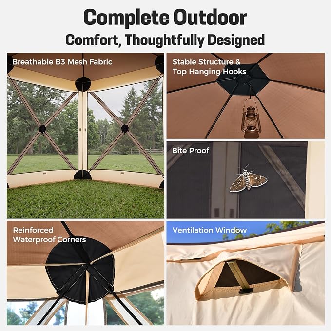 Tecoom 12x12ft 6-Sided Pop Up Gazebo Tent, Canopy Shelter Tent with Mesh Windows for Camping, Portable Large Shade Tents Removable Siedwalls for Outdoor, Garden, Lawn, and Backyard