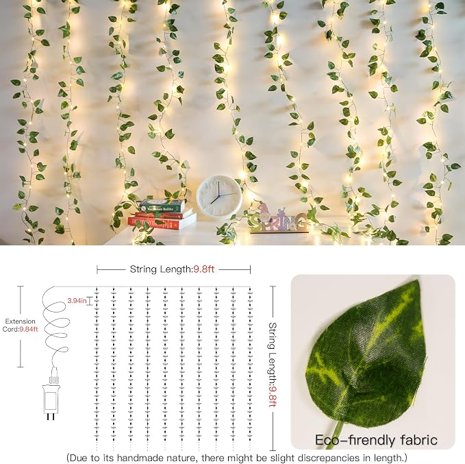 suddus 300 LED Vines with Lights Plug in, 9.8ft x 9.8ft Fairy Lights with Vines, Pothos Curtain Lights for Wall, Bedroom, Dorm, Wedding, Party, Indoor, Outdoor Decor(Warm White)