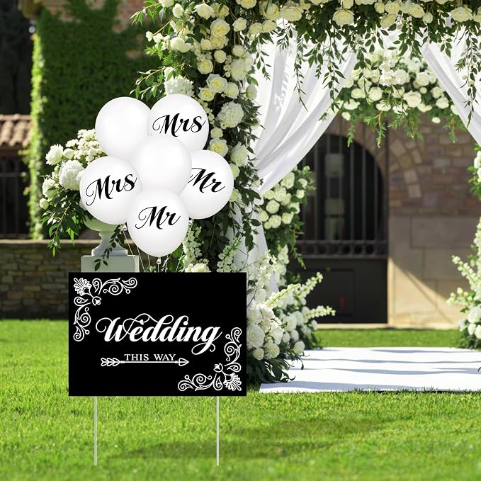 2 Pcs Wedding Reception Signs with 6 White Balloons, Set of 2 Double-Sided Directional Arrow Yard Signs with Metal Stakes, Waterproof Plastic Outdoor Decor Kit for Ceremony and Parking