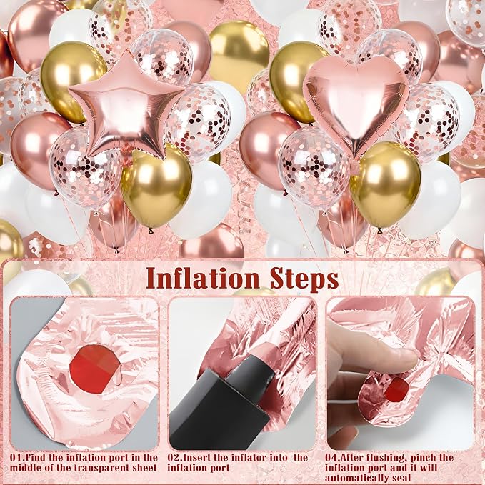 Rose Gold Happy Birthday Party Decorations, Happy Birthday Banner, Rose Gold Heart Star Foil Confetti Balloons and Pink Balloons Party Decorations Kit for Girls Women Princess