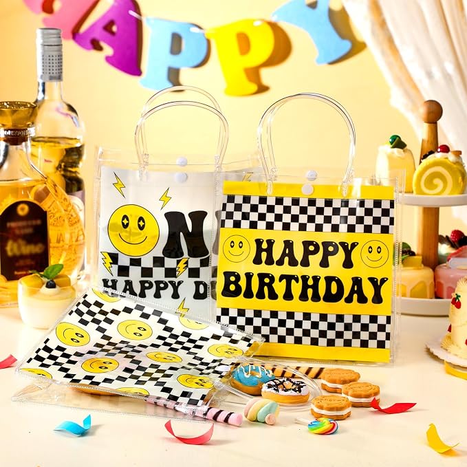 Teenyyou 24 Pcs One Happy Dude Clear Gift Bags with Handles One Happy Dude Party Favor PVC Goodie Treat Candy Tote Plastic Gift Bags for 1st Birthday Party Decor