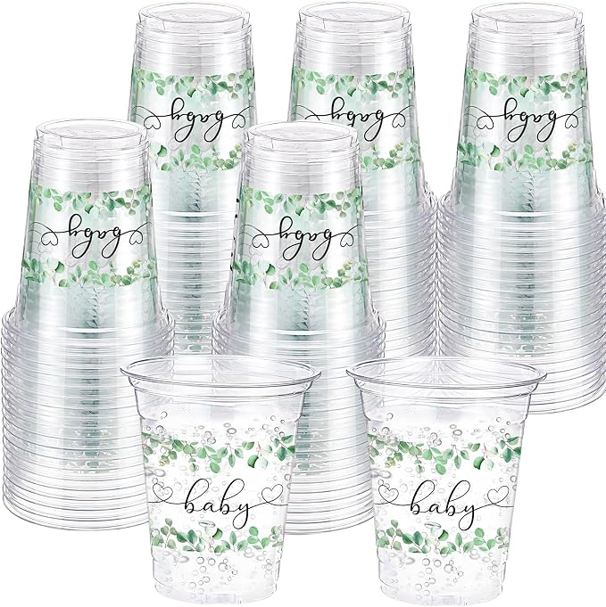 Funnymoom 60 Pack Sage Green Baby Shower Plastic Cups 12 oz Eucalyptus Greenery Disposable Clear Plastic Cups for Baby Shower Birthday Boho Greenly Party Decorations Supplies