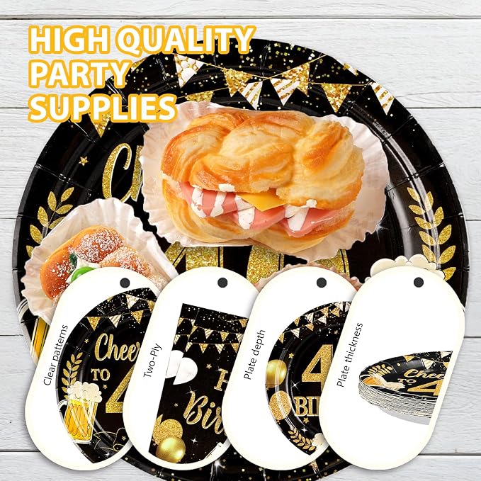 96Pcs 40th Birthday Party Supplies Black Gold Plates and Napkins Tableware Sets Cheers and Beers to 40 Years Decorations Favors for Men Women 40 Years Old Birthday Graduation Holiday Party Serves 24
