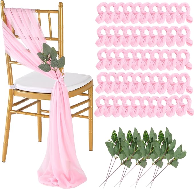 QueenDream Pink Chair Sashes Wedding Aisle Decorations: 50 Packs 8ft Long Draping Fabric Sheer Church Chair Cover Bulk for Party Banquet