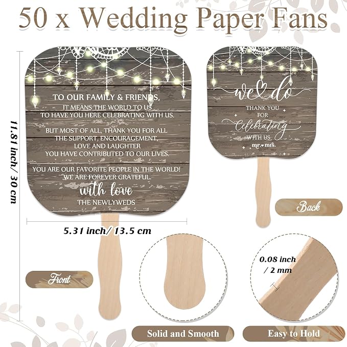 Fumete Wedding Favors for Guests 50 Pcs Wedding Fans and 1 Pc Table Sign Portable Paper Fan with Wooden Handle Hand Fan for Bridal Shower Party Favor Appreciation Gift(Light String)