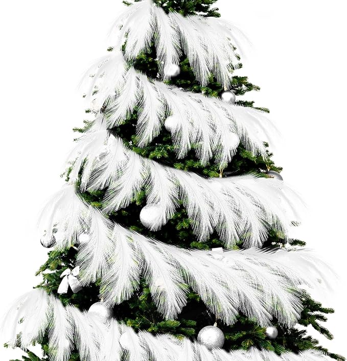 2025 2 Pcs 6 ft Christmas Tree Garland Decoration Pampas Grass Garland Faux Artificial Fabric Feathers Boho for Mantle Xmas Tree Home Farmhouse Christmas Holiday Party Supplies(White)