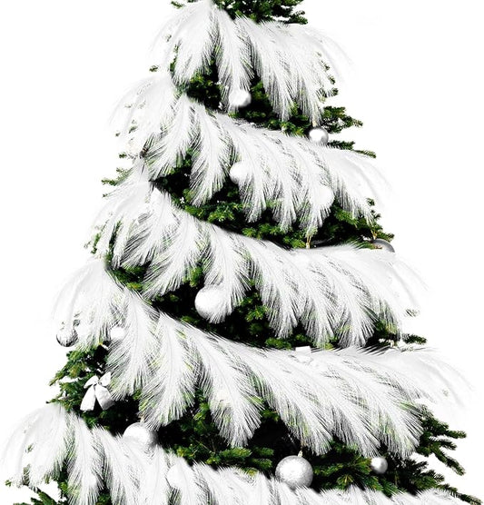 2025 2 Pcs 6 ft Christmas Tree Garland Decoration Pampas Grass Garland Faux Artificial Fabric Feathers Boho for Mantle Xmas Tree Home Farmhouse Christmas Holiday Party Supplies(White)