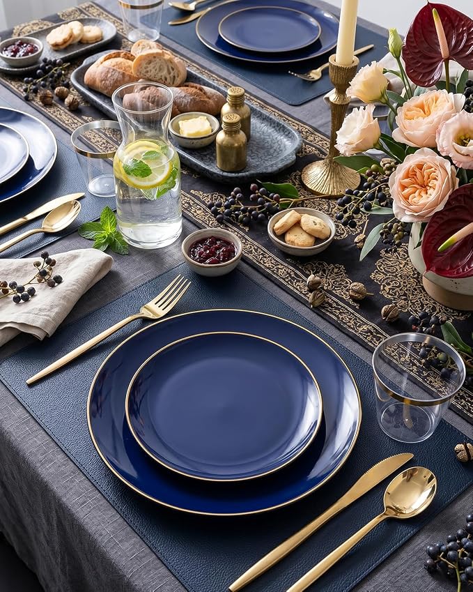 bUCLA 150PCS Blue and Gold Plastic Plates - 25 Guests Navy Blue Plastic Dinnerware Disposable for Party & 4th of July - Include 25 Dinner/Dessert Plates, 25 Knives, 25 Forks, 25 Spoons, 25 Cups