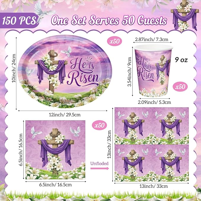 Vesici 150 Pcs Easter Cross Paper Plates and Napkins Set-serves 50, 10'' x 12'' Large Bunny Flower Tableware Disposable Purple Cross Paper Plates Cups Napkins for Spring Easter Birthday Party Supplies