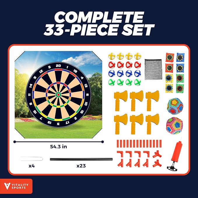 Vitality Sports 4-in-1 Sport Game with Stand - Golf Target Battle Games with Putting Mat, 12 Sticky Balls, 6 Axes, 2 Soccer Balls, 8 Bean Bags, Axe Throwing Game for Backyard